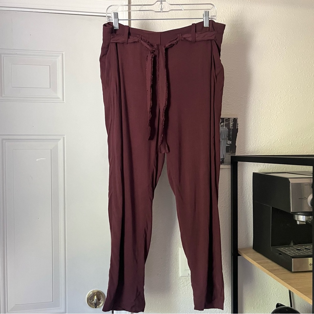RAQUEL ALLEGRA burgundy maroon purple red silk belted tapered cropped pants
